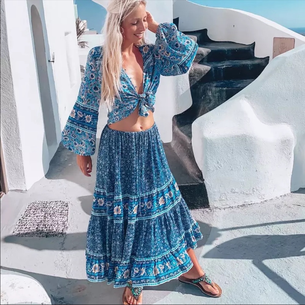 Boho floral gypsy skirt print maxi long blue